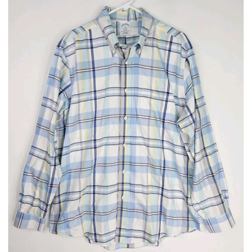 Brooks Brothers 1818 Shirt Mens XL Blue White Plaid Regent Oxford Button‎ Preppy